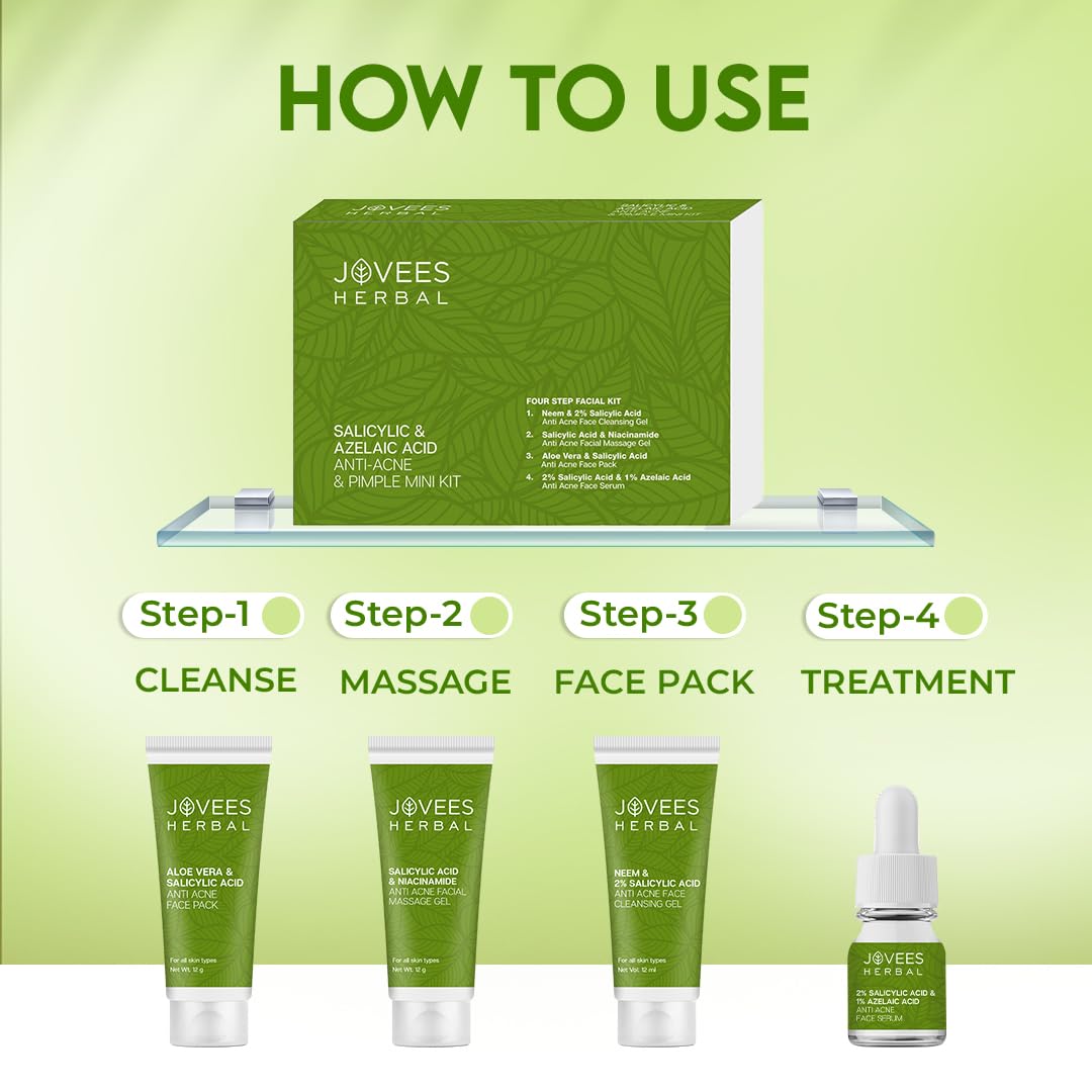 Jovees Herbal Salicylic & Azelaic Acid Anti-Acne & Pimple Mini Facial Kit For Oily & Acne Prone Skin | Easy 4 Step Facial Kit | For Multiple Use | For Men & Women 41g