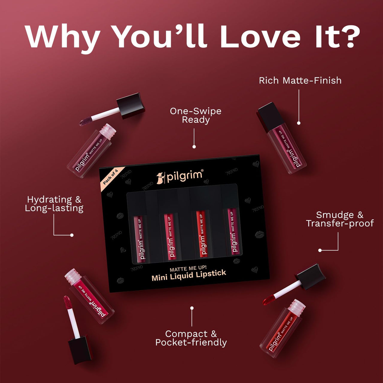 Pilgrim Matte Mini Liquid Lipstick 4 in 1 Pack Smudgeproof, Hydrating & Lightweight (Bold Mistress, 4 ml)