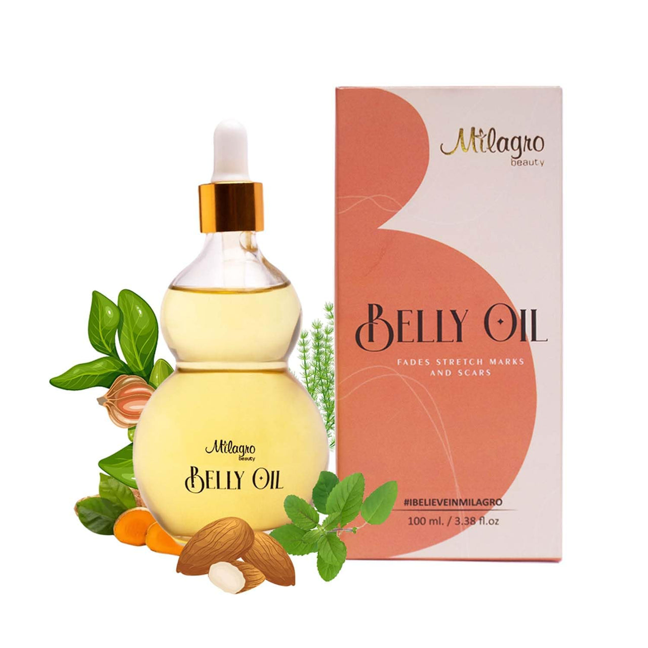 Milagro Beauty Ayurvedic Belly Oil | Stretch Marks Treatment | Scar Removal Oil| Pregnancy And Breastfeeding Safe | Sweet Almond Oil+20 Botanical Ingredients | Fresh And Old Scar Healing | 100Ml