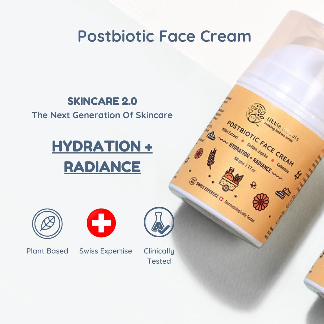 Little Rituals Baby and Kids Post-Biotic Face Cream Moisturiser - Hydration + Radiance, Formulated with Golden Millets, Jojoba, Calendula, Natural, Organic, Dermat tested, SWISS Technology (50 gram)