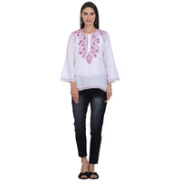 Paramount Women's  Chikankari Cotton White Straight Short Kurta Navy XS