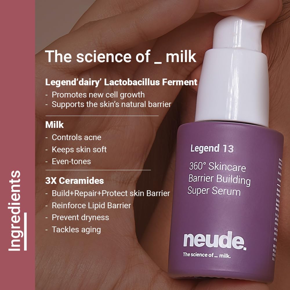 Neude Legend 13 Super Face Serum 30ml with 3x Ceramides, Lactobacillus Ferment, Alpha Arbutin, Rice Water, 13 Multiactives for Barrier Building Re-texturing & Hydration, pH 5.5, for All Skin Types