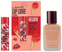 Lakmé Lip Love Gelato Chapstick Raspberry 4.5 g & Lakmé Perfecting Liquid Foundation, Marble, Waterproof Full Coverage Long Lasting - Light Oil Free Face Makeup With Vitamin E, Dewy Finish Glow, 27ml