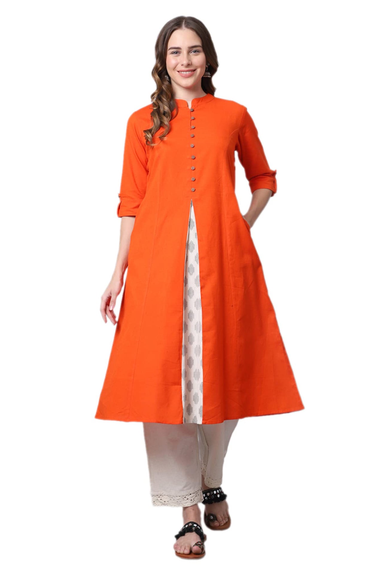 Pistaa's  Women Cotton Printed Cut Regular Kurta Orange M