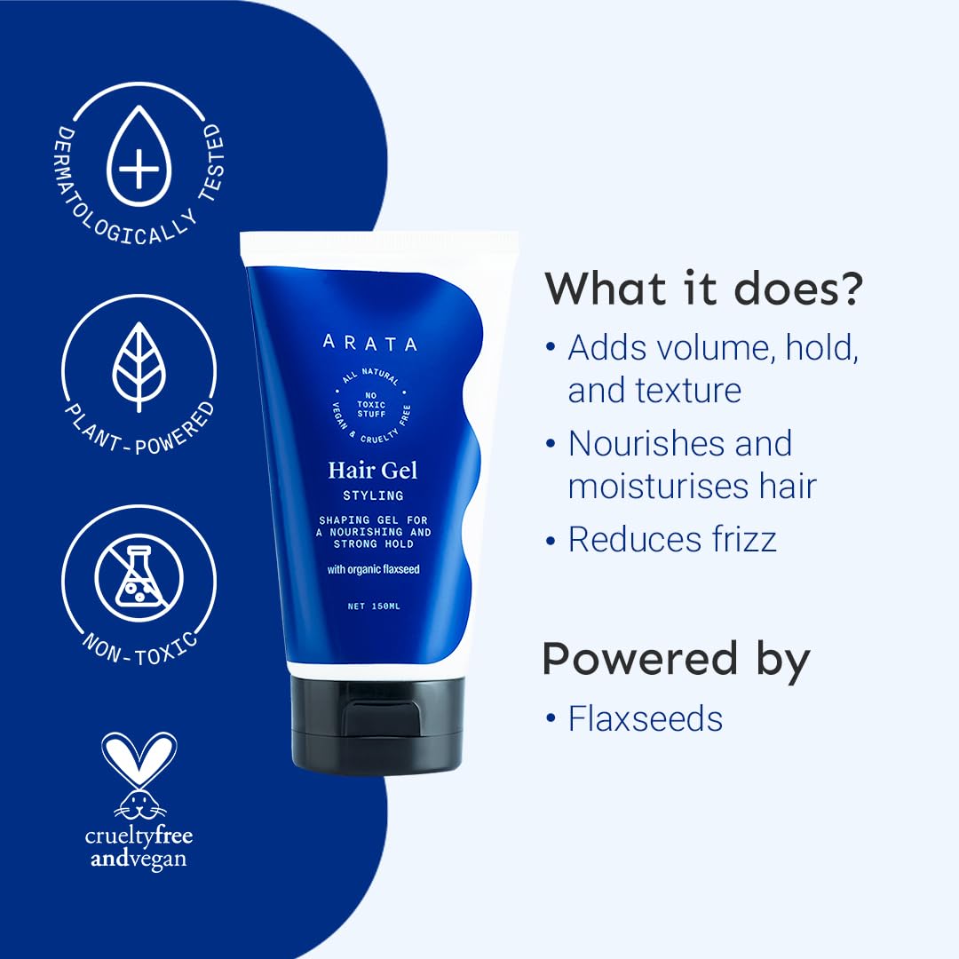 Arata Styling Hair Gel For All Hair Types | Medium to Strong Hold | Tames Flyaways & Adds Definition | Creates Slicked-Back Looks, Adds Texture with Organic Flaxseeds | 150 ML