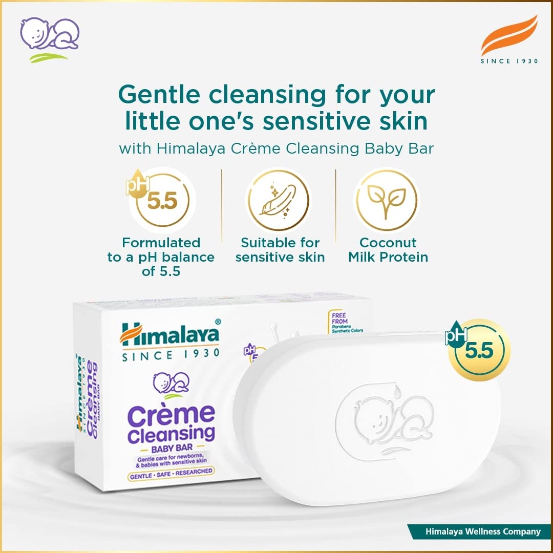 Himalaya Creme Cleansing Baby Bar 125G| pH 5.5|with Coconut milk Protein and Aloe vera|Soap Free|Dermatologically tested |For New borns|For Baby's  sensitive skin| No Parabens|No Synthetic Colors
