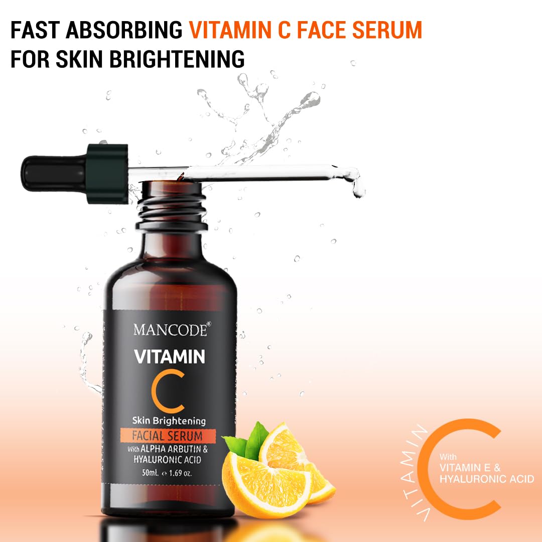 Mancode Vitamin C Serum With Hyaluronic Acid | 35% Vitamin C for Brightening Skin |Hyaluronic Acid Improves Skin Tone and Pore Minimizing |Alpha Arbutin for Improving Skin Texture Boosts Collagen 50ml