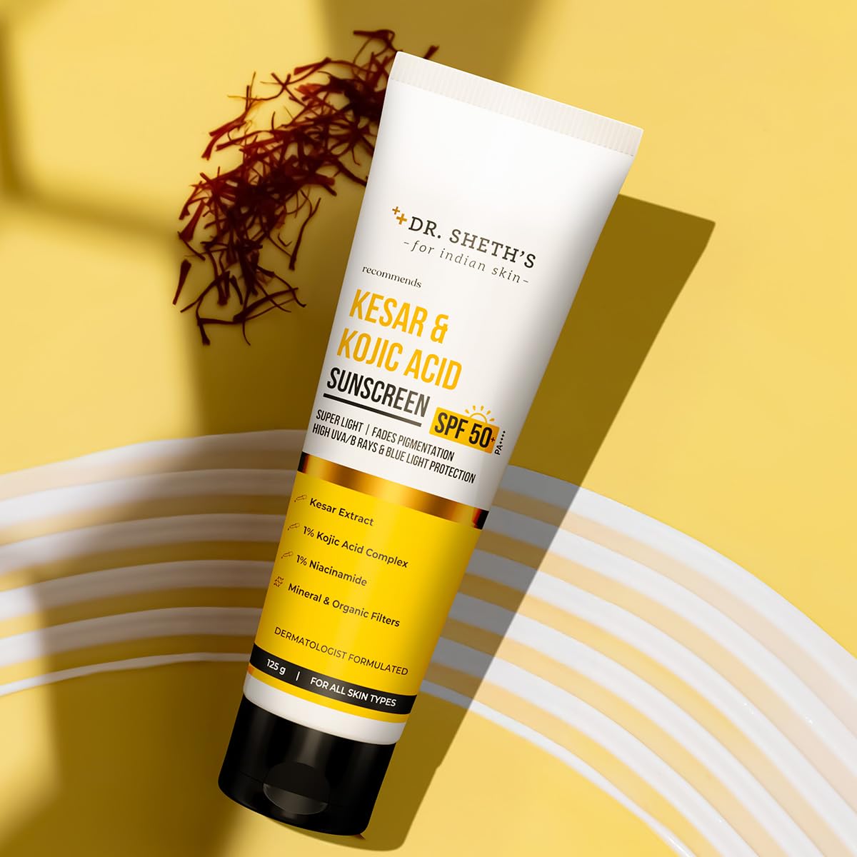 Dr. Sheth's Kesar & Kojic Acid Sunscreen with SPF 50 Pa++++ | For Pigtation-Free Skin | No White Cast & Light Weight | For Daily Moisturization | For All Skin Types | 125 g