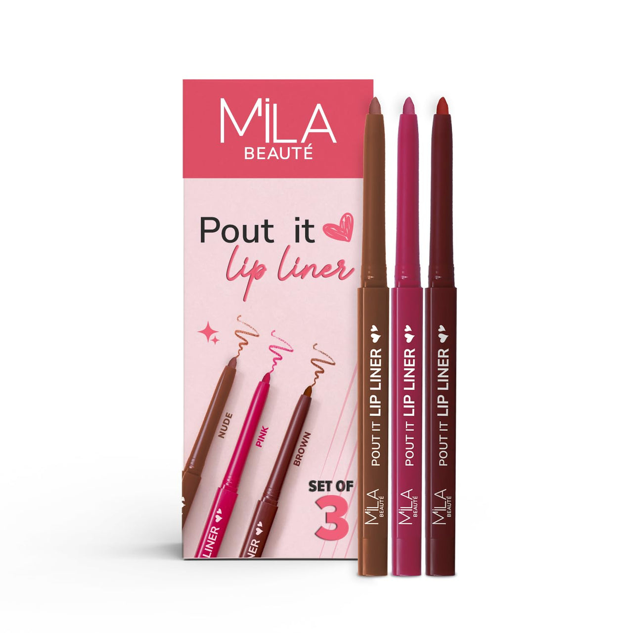 Mila Beauté Pout it Lip Liner Set of 3 I Highly Pigmented, Long Lasting & Non Drying Formula Enriched with Squalene I Smooth and Precise Application | Matte Lip Liner Suitable for Indian Skin Tones