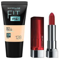 Maybelline New York Color Sensational Creamy Matte Lipstick, 691 Rich Ruby, 3.9g and Maybelline New York Fit Me Matte+Poreless Liquid Foundation Tube, 128 Warm Nude, 18ml