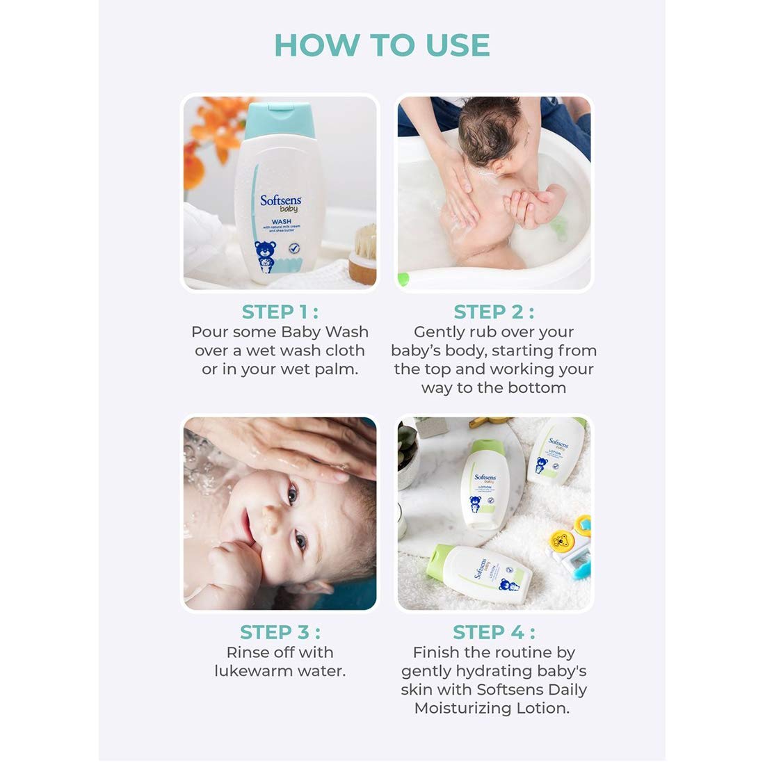 Sotftsens Baby TEAR FREE Baby Wash with natural milk cream & shea butter (200ml x Pack of 4)