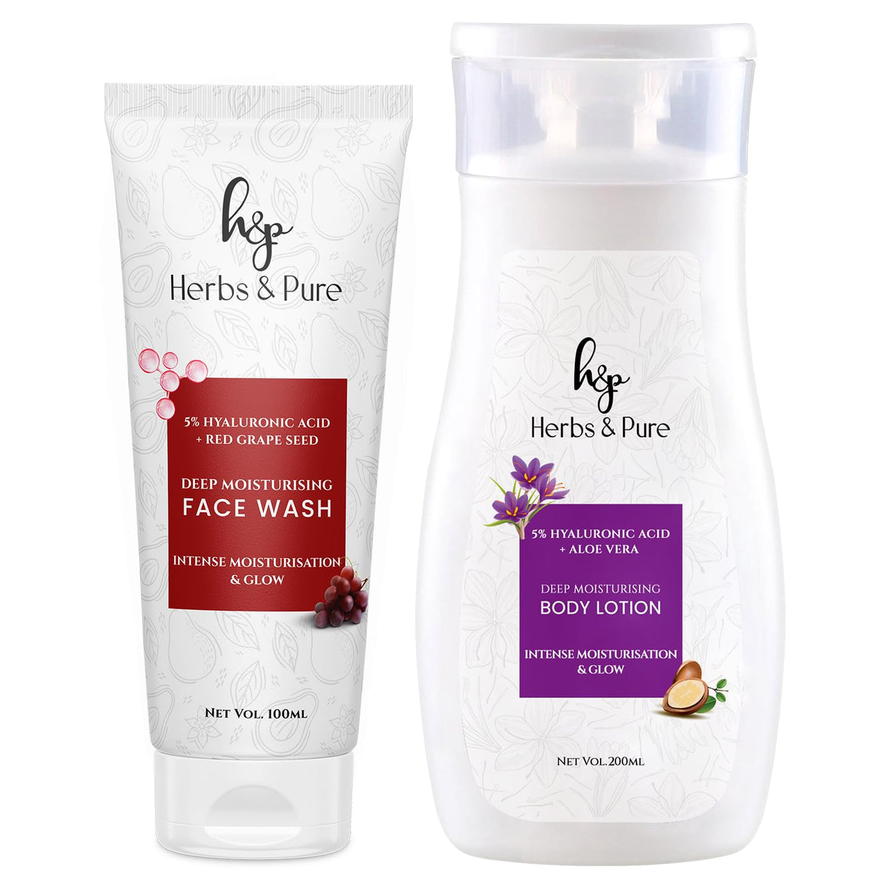 Herbs and Pure Hyaluronic Acid And Red Grapes Face Wash (100ml) For Dark Spots with Kesar Oil and Shea Butter Body Lotion (200ml) For Intense Moisturisation, Pack Of 2
