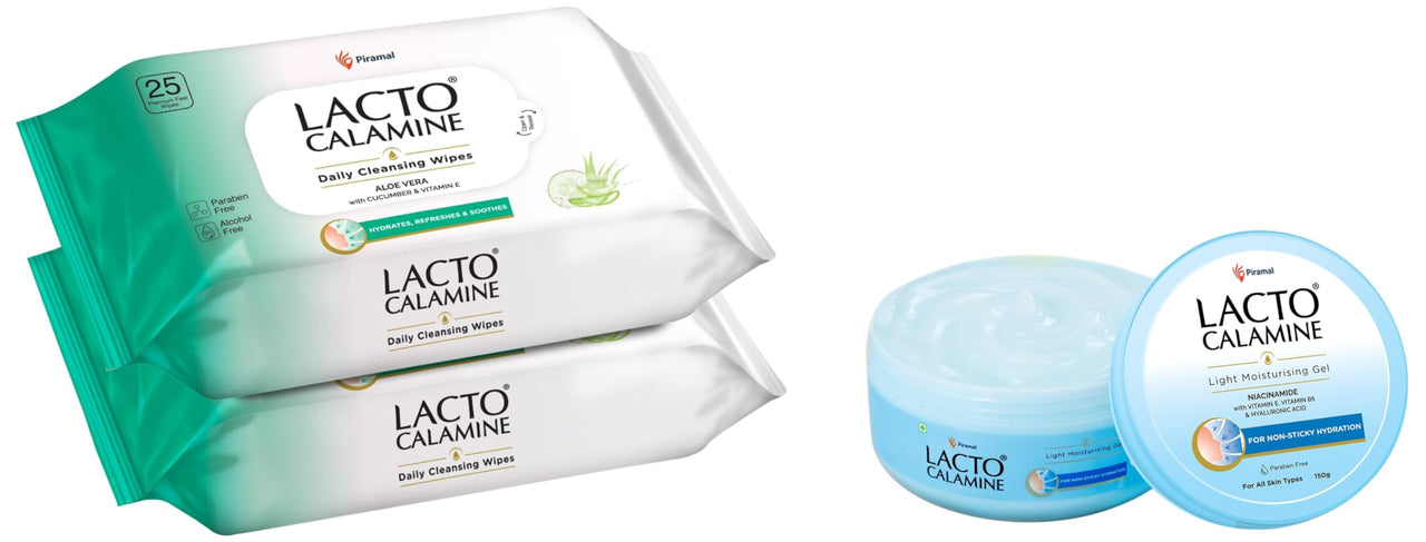 Lacto Calamine Super Light Moisturizer for Face | 150g | Moisturiser for Oily Skin with Niacinamide,Lacto Calamine Daily Cleansing Facial Wipes 25N Each - Pack of 2 | Wet Wipes for Face with Aloe Ver