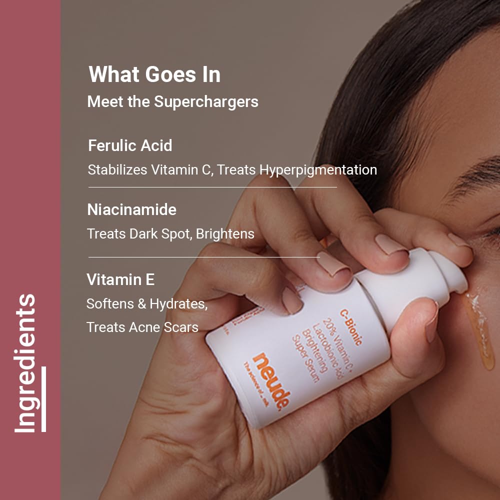 Neude C-Bionic 20% Vitamin C Serum 30ml with Lactobionic Acid for Face Brightening & 24hrs Hydration with Vitamin E Red Algae Gel Kakadu Plum Glutathione for All Skin Types & Sensitive Skin Friendly
