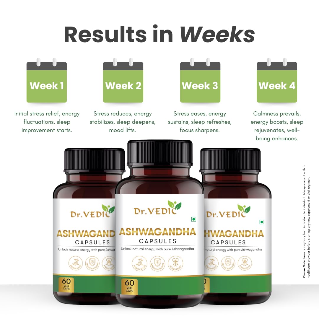 Dr Vedic Ashwagandha Capsules - 100% Pure Ashwagandha Extract for Stress Relief, Energy Boost, Improved Sleep & Immune Support (60 Capsules)