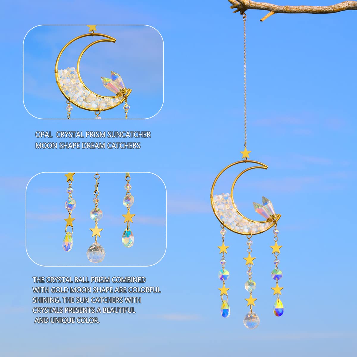 Opal Moon Crystal Suncacher - Sun Catchers Indoor Window Prism Crystal Moon Dream Catcher Wind Chimes Crystals and Healing Stones Rainbow Maker Garden Tree Decorations Outdoor Moon Opal Crystal