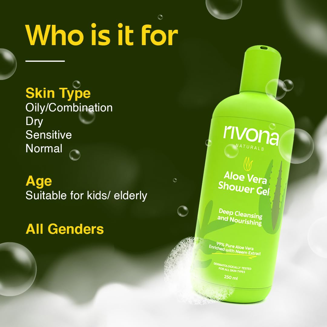 Rivona Naturals Aloe Vera Shower Gel | Aloe Vera + Neem | Cleansing and Nourishing| for Men & Women |All Skin types |250 ml (Pack 2)