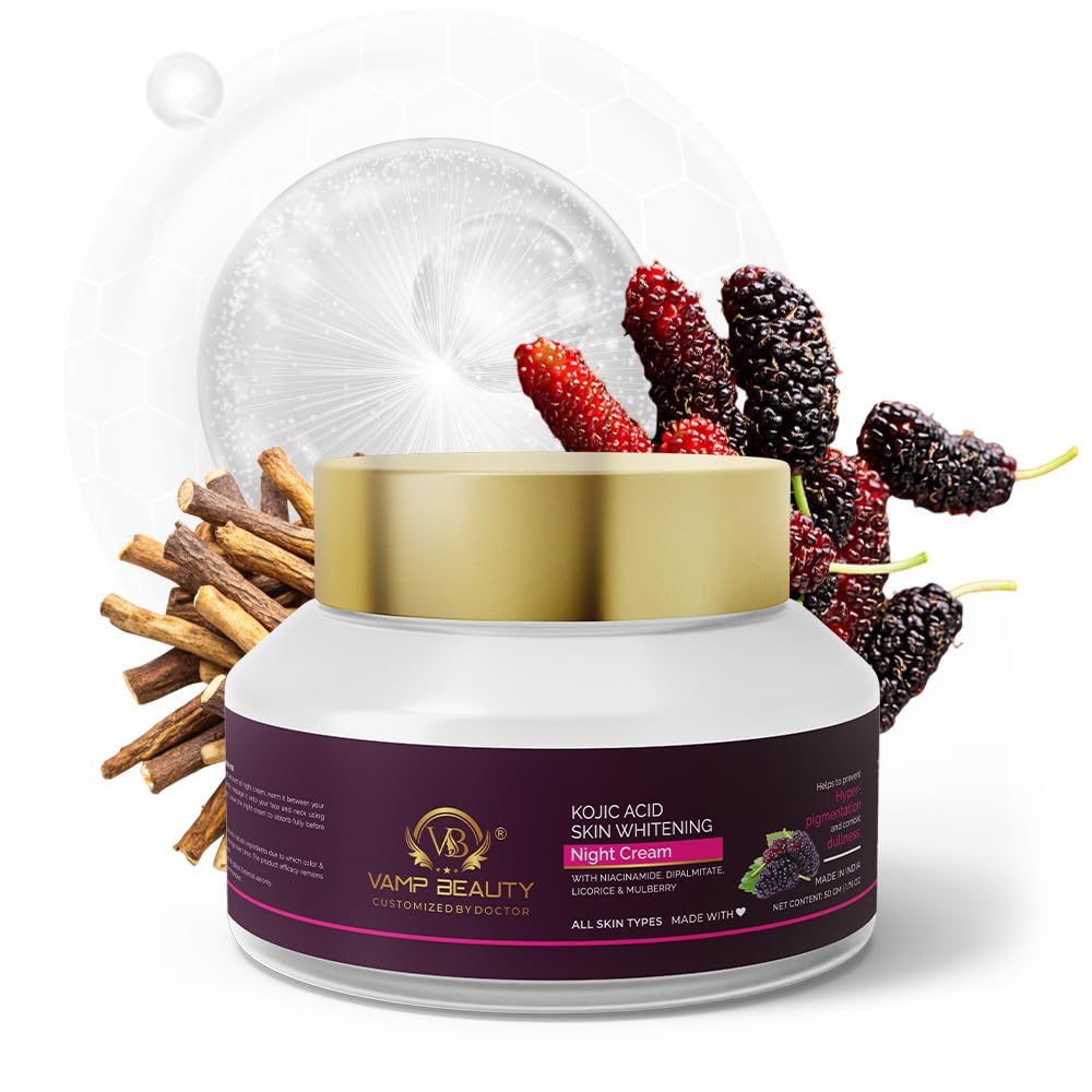 Vamp Beauty Kojic Acid Skin Brightining Night Cream | For Improving Skin Shade | Helps with Hyperpigmentation, Dark Spots | Enriched with Niacinamide, Mulberry & Licorice; For All Skin Types