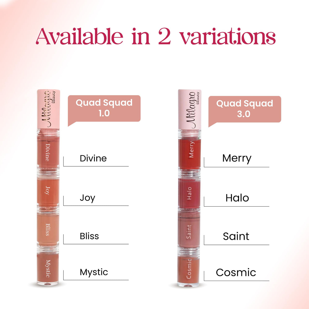 Milagro Beauty Quad Squad 2.0, Matte Liquid Lipstick 4 Shades In 1, Intense Color, Long-Lasting, Moisturizing & Non-Drying, Smudge-Proof & Waterproof (4Ml)