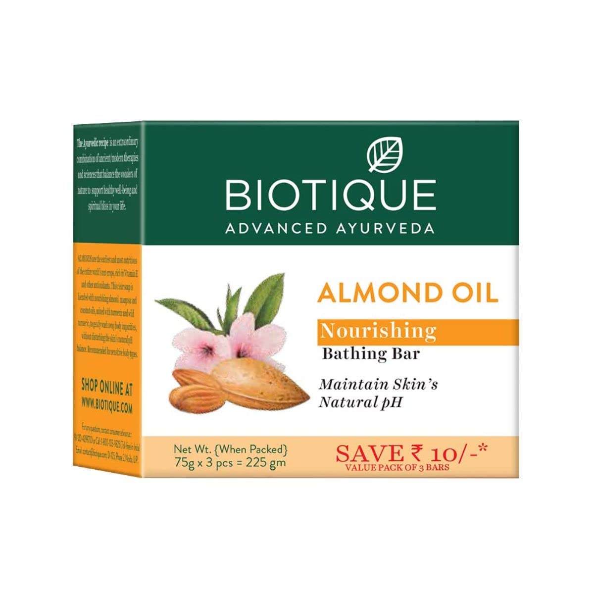 Biotique Bio Almond Oil Nourishing Body Soap, Pack of 3, 225 g (3 x 75 g) & Biotique Papaya Tan Removal Brightening & Reviatalizing Face Scrub For All Skin Types, 100g