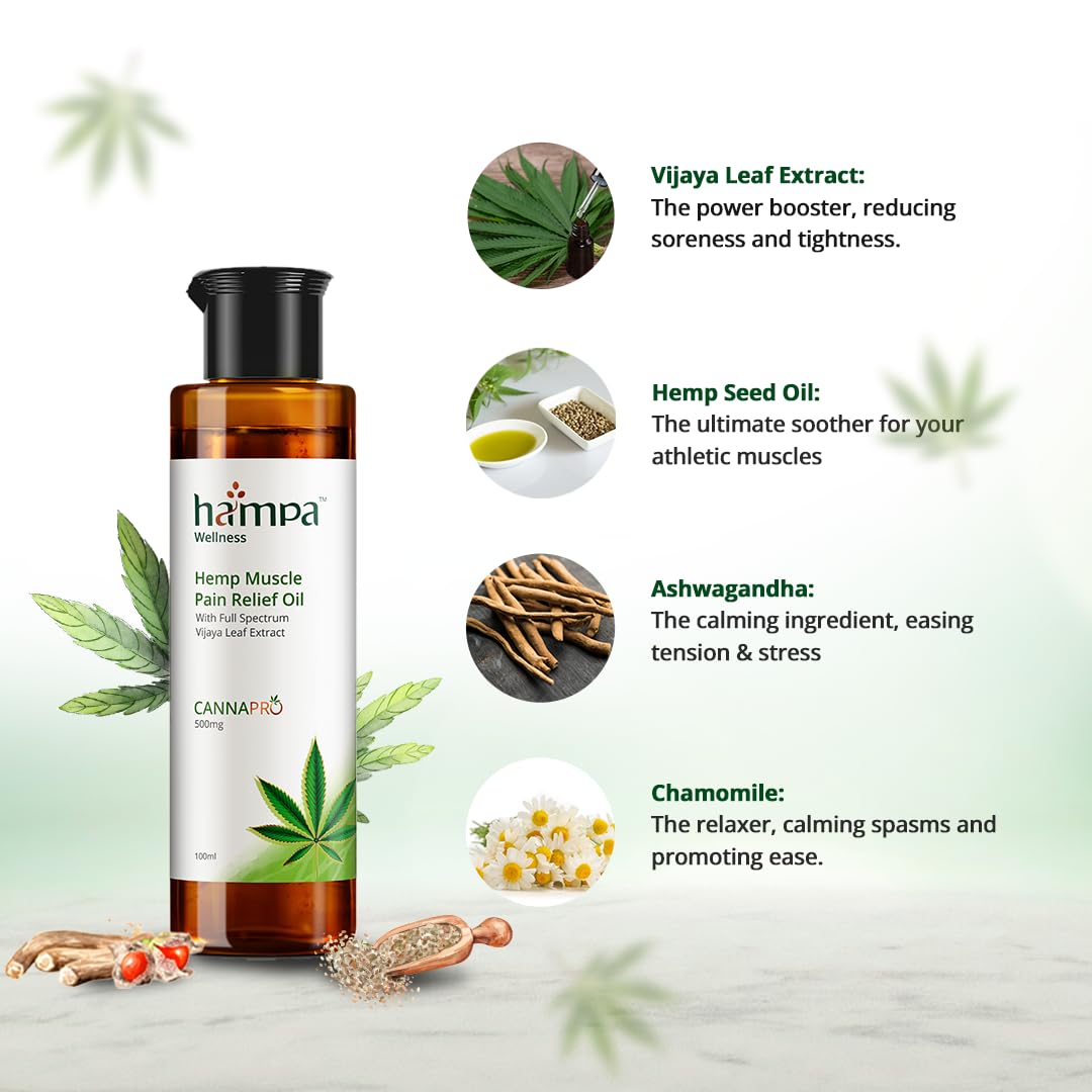 Hampa Hemp Muscle Pain Relief Oil 100ml | Lasting Relief from Back, Shoulder, Neck, Leg, Lumbar, Ortho and other Muscular Pains, Stiffness and Spasms | Ayurvedic with Vijaya Leaf Extract, Arnica, Ashwagandha | 100% Natural and Skin Friendly