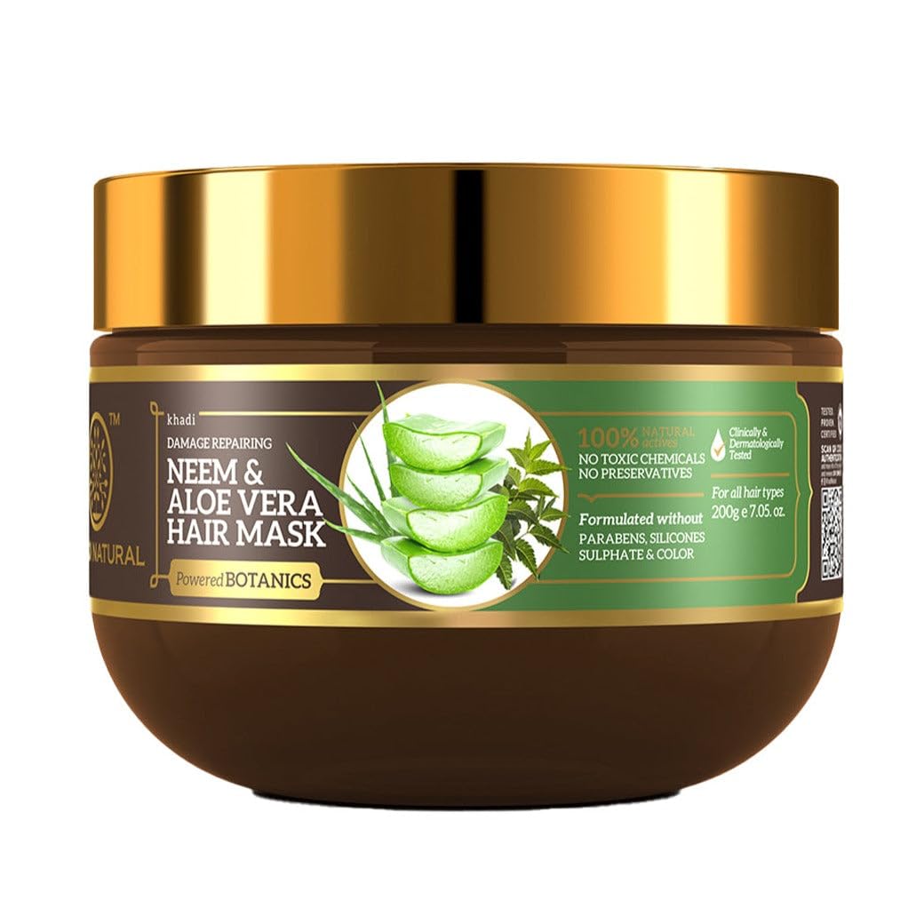 Khadi Natural Neem & Aloe Vera Hair Mask | Repaires Damage Hair | Mask for Dry Hair | Paraben, Silicone & Sulphate Free | Suitable for All Hair Types | Powdered Botanics| 200 gm