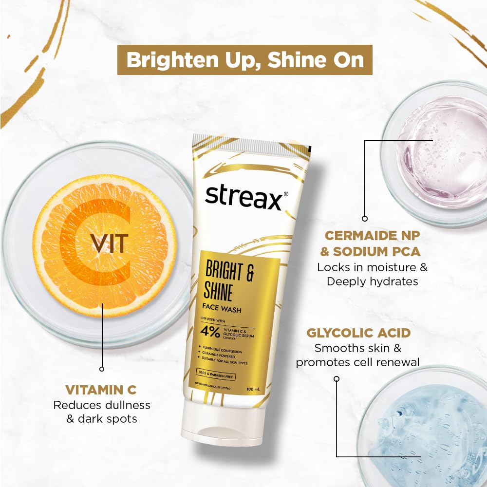 Streax Skin Bright & Shine Face wash cleanser, 100 ml| 4% Vitamin C & Glycolic Serum Complex| Face wash for man & woman| Vitamin C face wash|SLES & Paraben Free| All skin types