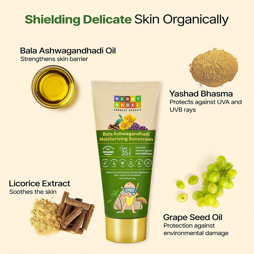 Herby Angel Natural Kids Sunscreen for Babies & Kids - SPF 35, PA++ | Lotion for Body & Face | Broad Spectrum UVA & UVB Protection - Non-Greasy (50ml)