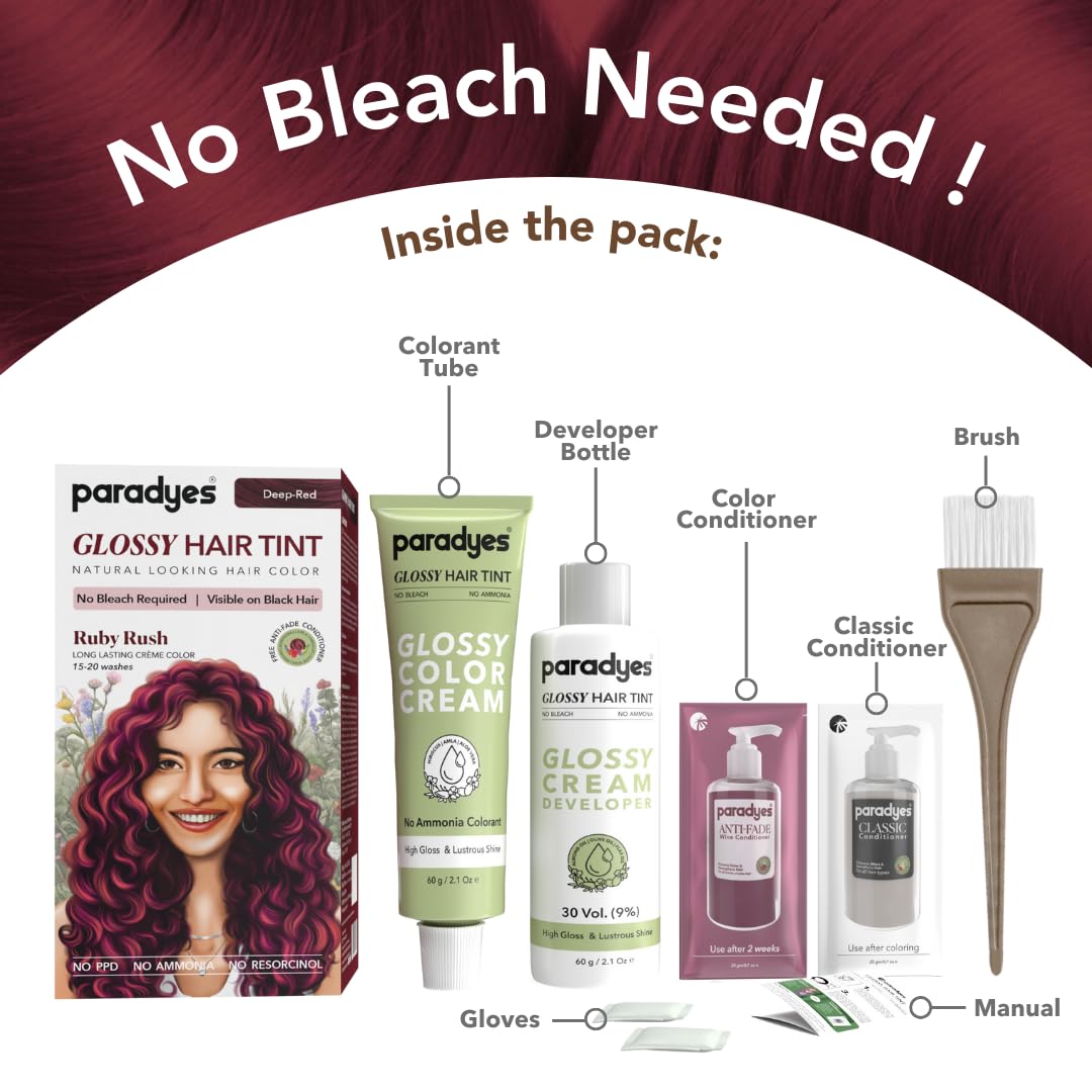 paradyes No Bleach Ruby Rush Glossy Hair Tint, Ammonia-Free Formula For Natural Black Hair, Visible On Natural Black Hair, Includes Anti-Fade Conditioner For Long-Lasting Shine, 1 Count