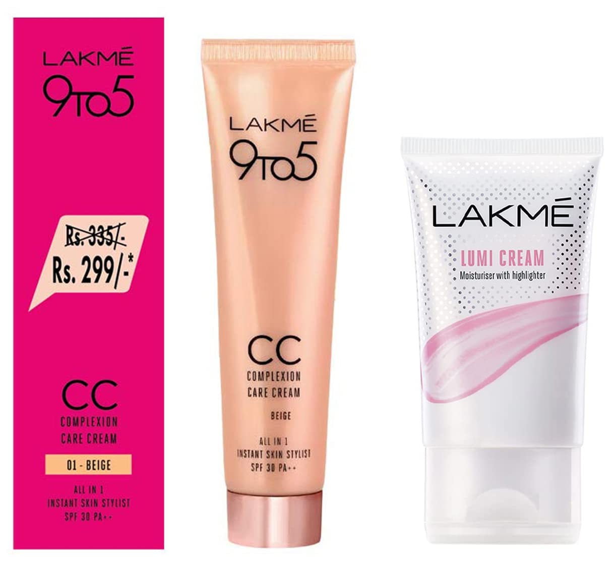 Lakmé Lumi Cream, Moisturizer with Highlighter, Enriched with Niacinamide for All Skin Type, 30g & 9 To 5 Complexion Care Face CC Cream, Beige, SPF 30, Conceals Dark Spots & Blemishes, 30g
