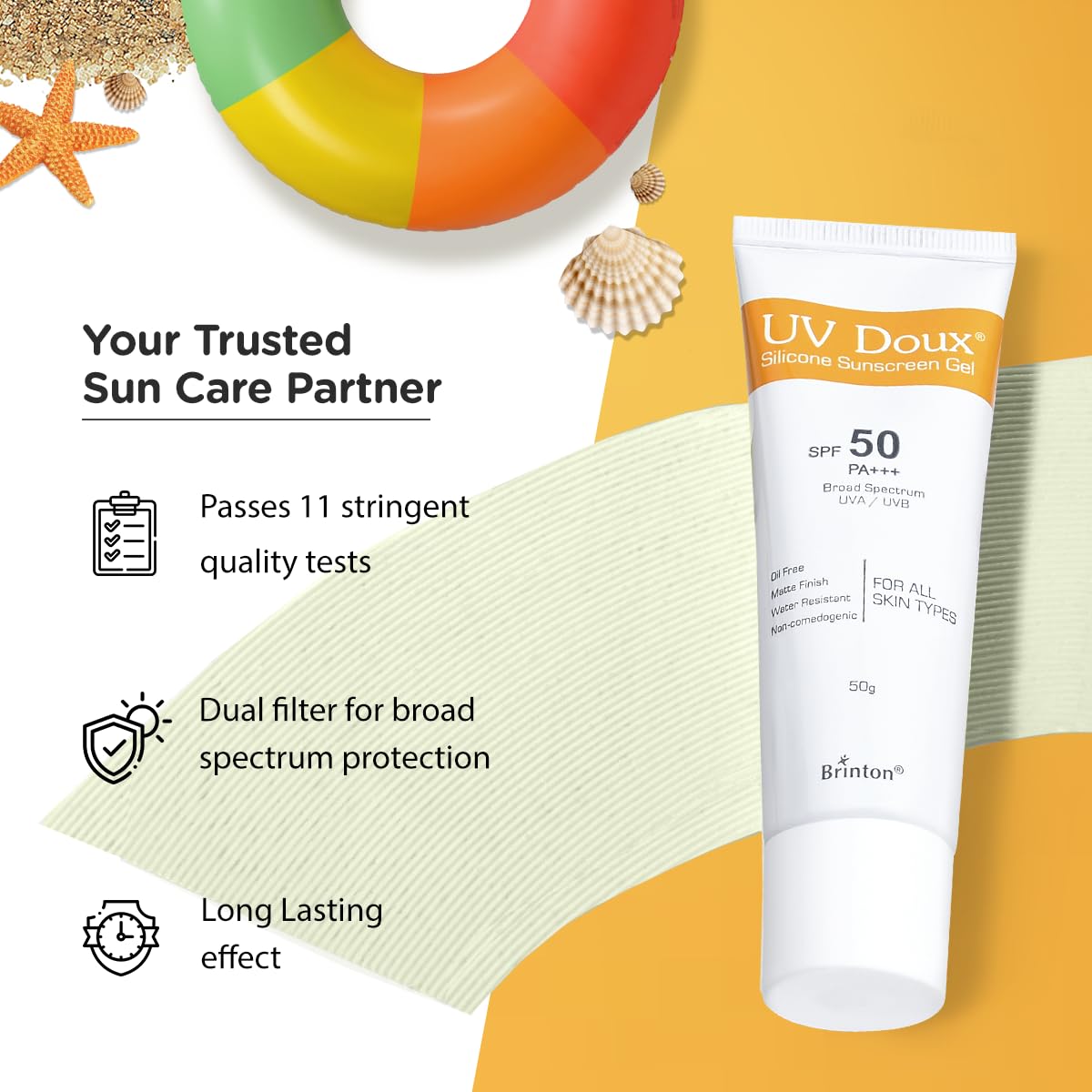 Brinton Healthcare Uvdoux Face & Body All Skin Type Sunscreen Gel With Spf 50 Pa+++ In Matte Finish And Oil Free Formula Water Resistant Sunscreen Protection Against Uva/Uvb Ray (75 Gm) X Pack Of 2