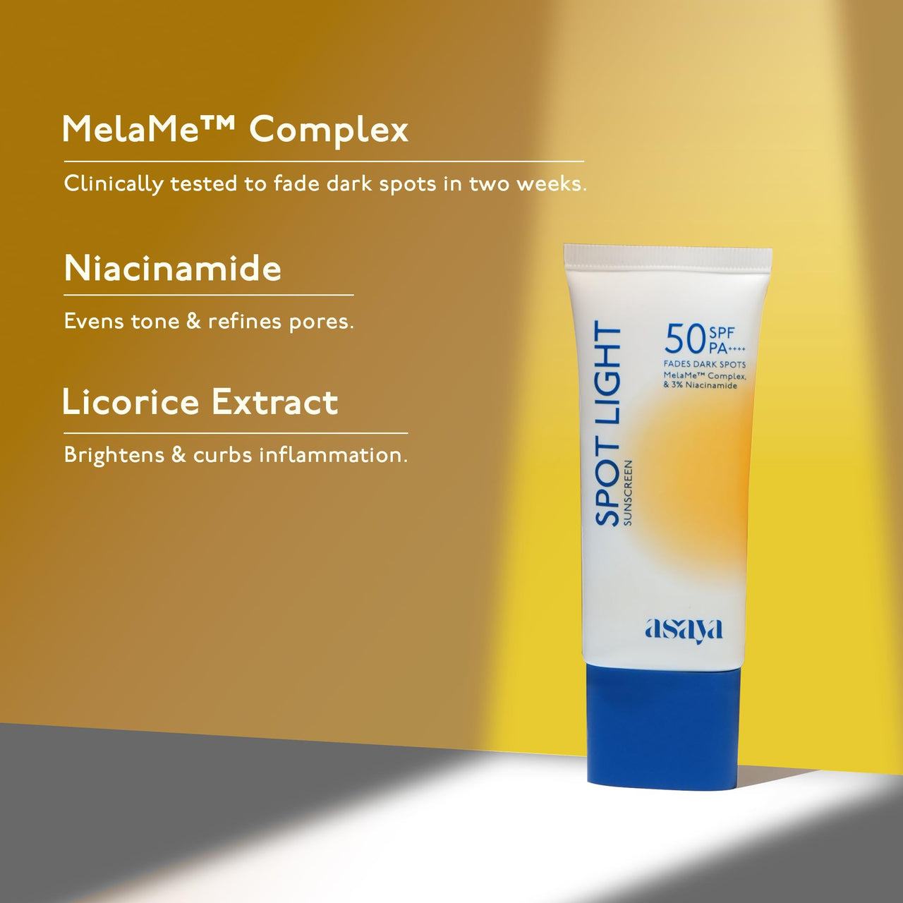 Asaya Spot Light Sunscreen SPF 50 PA++++ | UVA/B Blue Light Protect | Depigmentation Cream for Dark Spots & Acne Marks | MelaMe ComplexTM, Niacinamide & Licorice | Oil-free | Quick Drying & Lightweight | No White Cast & Invisible Finish | Water & Sweat Re