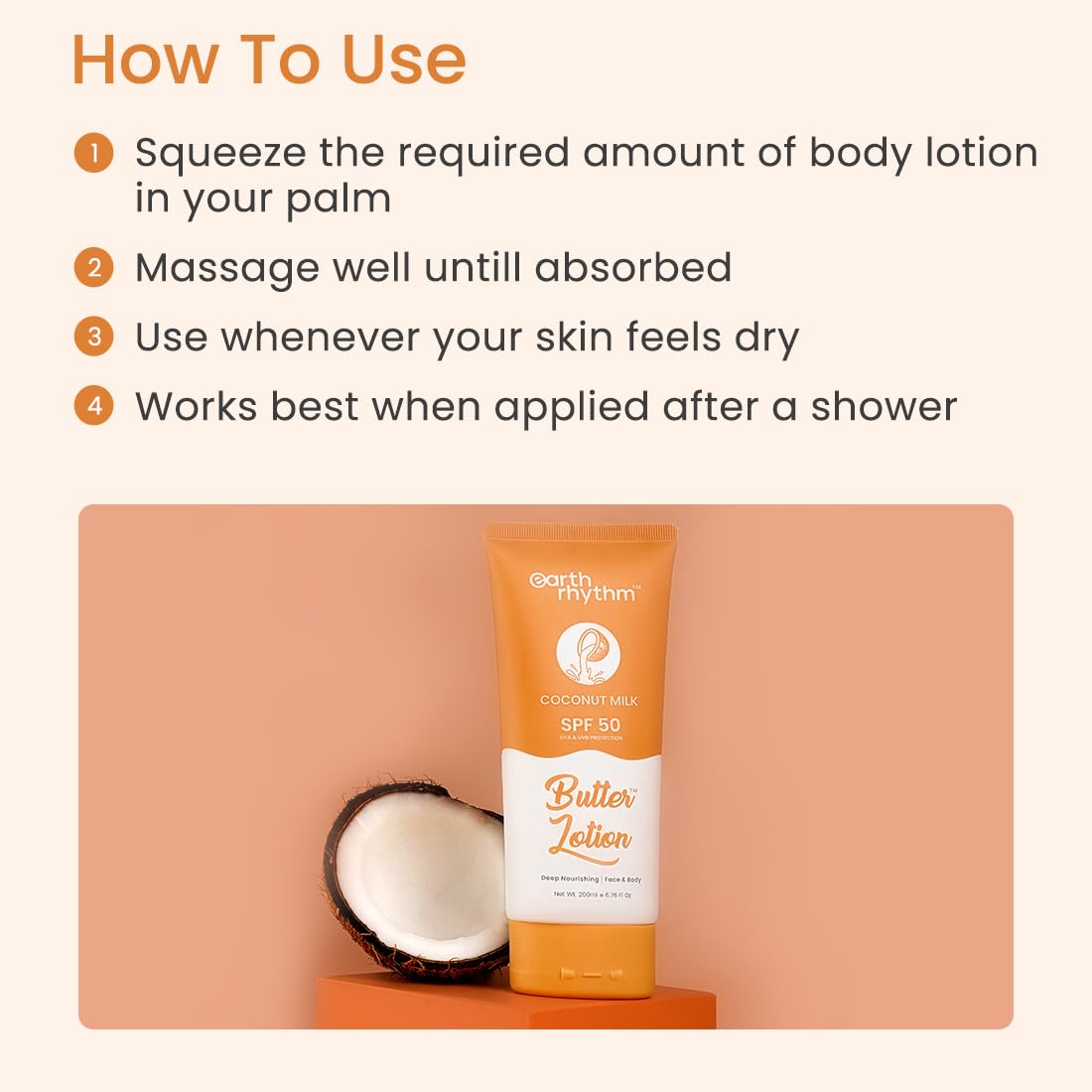 Earth Rhythm Coconut Milk Butter Body Lotion SPF 50 PA+++| Soothes Skin, Hydrates & UVA & UVB Sun Protection | for All Skin Type | Men & Women – 200ml