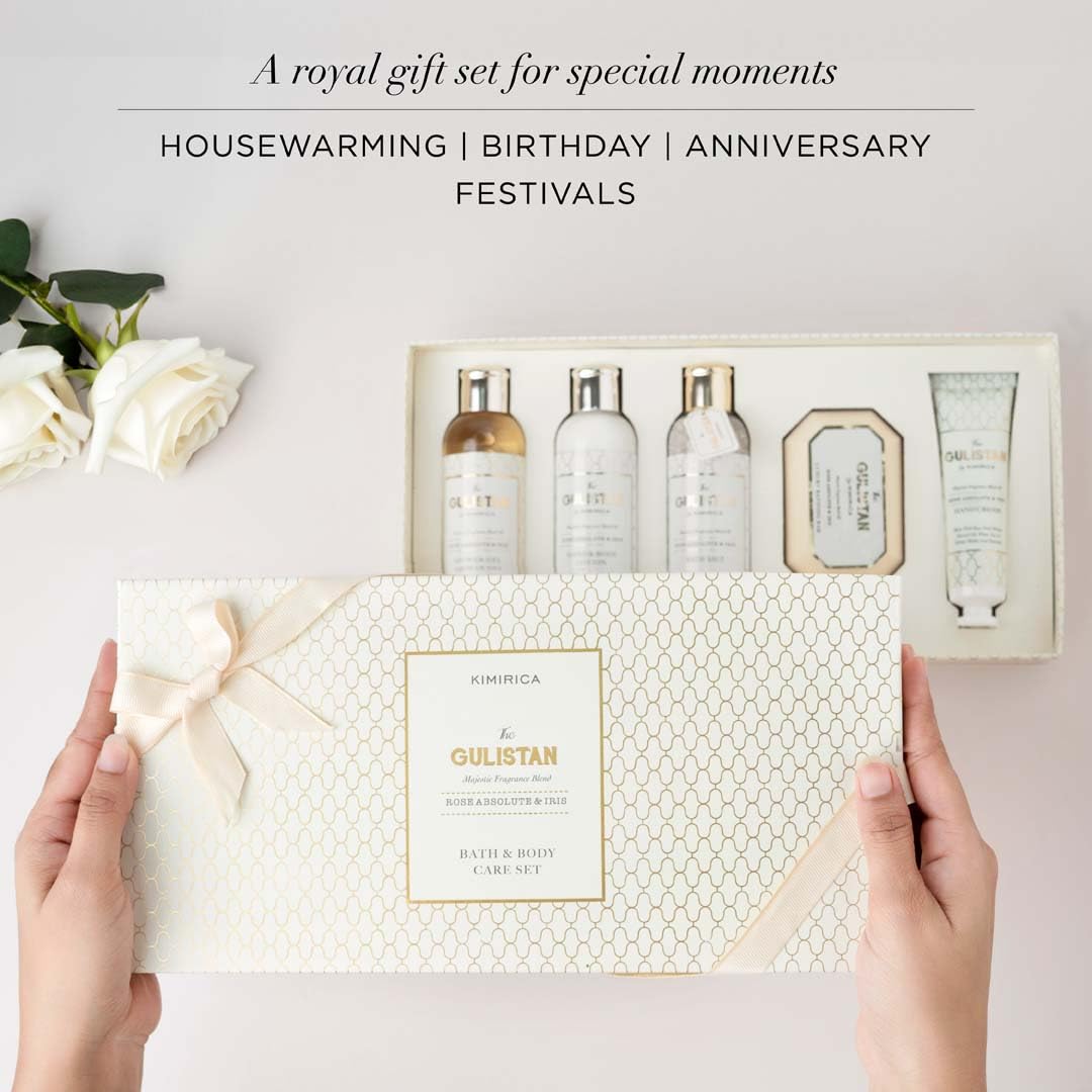 Kimirica The Royal Gulistan Luxury Gift Set for Women & Men| Pampering Kit for Anniversary, Birthdays & All Special Occasions | Majestic fragrance of Rose | 5 Piece Gift Set | 100% Vegan