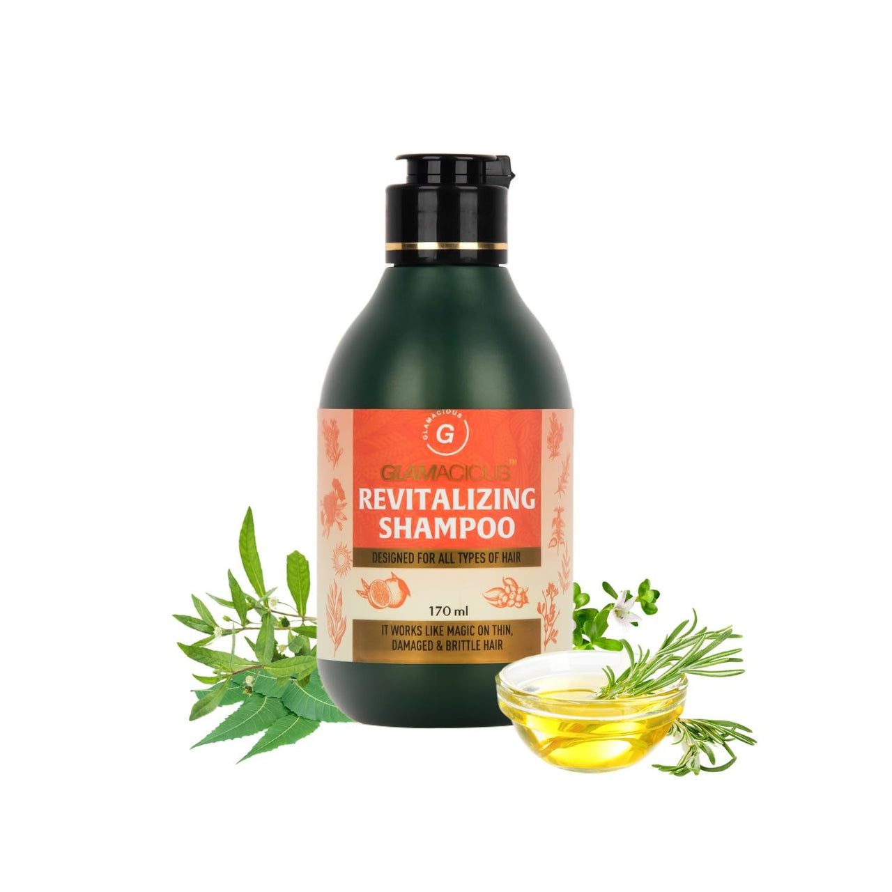 Glamacious Revitalising Shampoo (170ml) | With Bhringraj Extract | Enriched with Brahmi, Neem & Rosemary | Hair Growth & Hair Fall Control | Hair Strengthening & Nourishing | For all hair Types