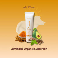 Jivada Luminous Organic Sunscreen with SPF 50+ PA+++ for UV A, UV B | HA, Ceramide, Red Raspberry & Gotu Kola | No White Cast|Carrot & Licorice |All Skin Types | Sulphate & Paraben Free | 100ml