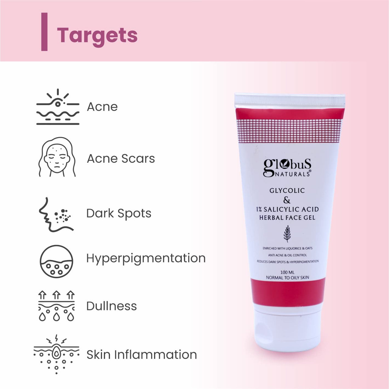 Globus Naturals Glycolic & 1% Salicylic Acid Herbal Anti Acne Face Gel, Enriched with Liquorice & Oats, Anti Acne & Oil Control, Reduces Dark spots & Hyperpigmentation,100 ml, Pack Of 1