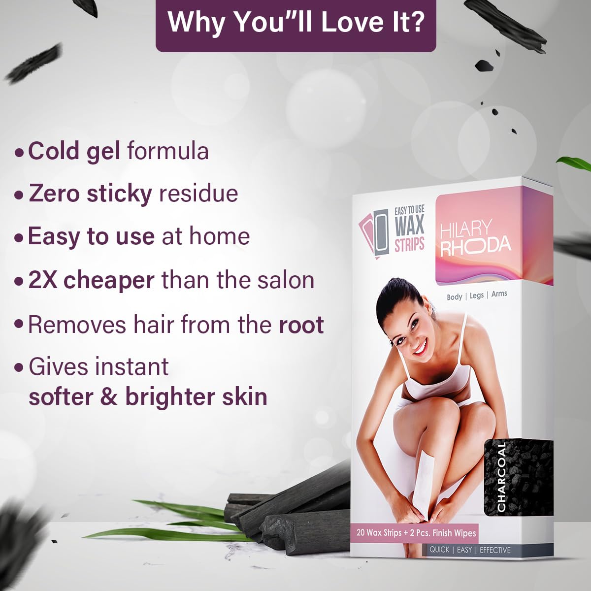 Hilary Rhoda Easy To Use Wax Strips | Gel Wax Hair Removal | Full Body Wax Strips for Arms,Legs & Body | Salon Like Results at Home Wax Strips | With 2 Finish Wipes | 20 Strips (Charcoal)