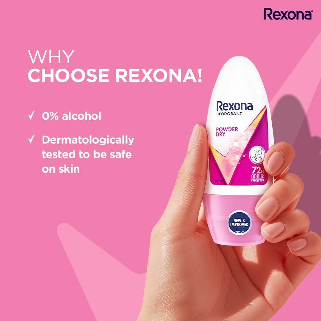 Rexona Powder Dry Underarm Roll On Deodorant For Women, Antiperspirant, Removes Odour, Keeps Skin Fresh & Clean, Alcohol Free, Skin Friendly, 50ml (Pack of 2)