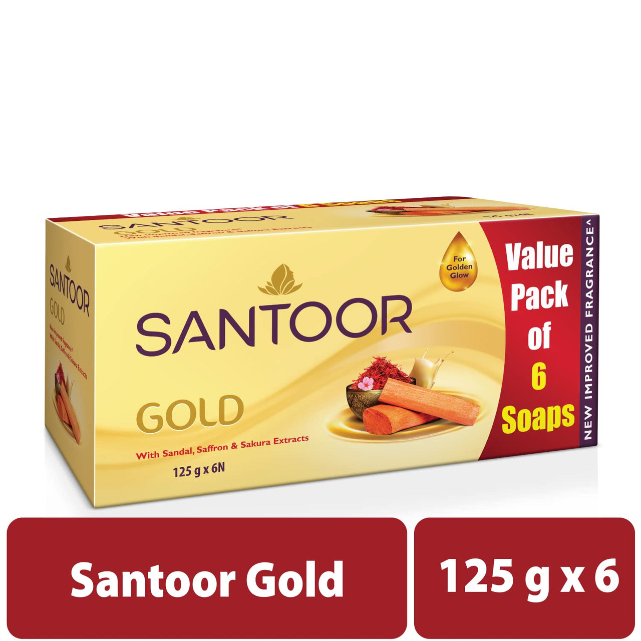 Santoor Gold Bathing Bar Soap with Kashmiri Saffron, Sandal & Sakura Extracts for Soft & Younger-Looking Skin| Gentle & Rich Lathering Formula with Refreshing Fragrance| For All Skin Types| 125g, Pack of 12