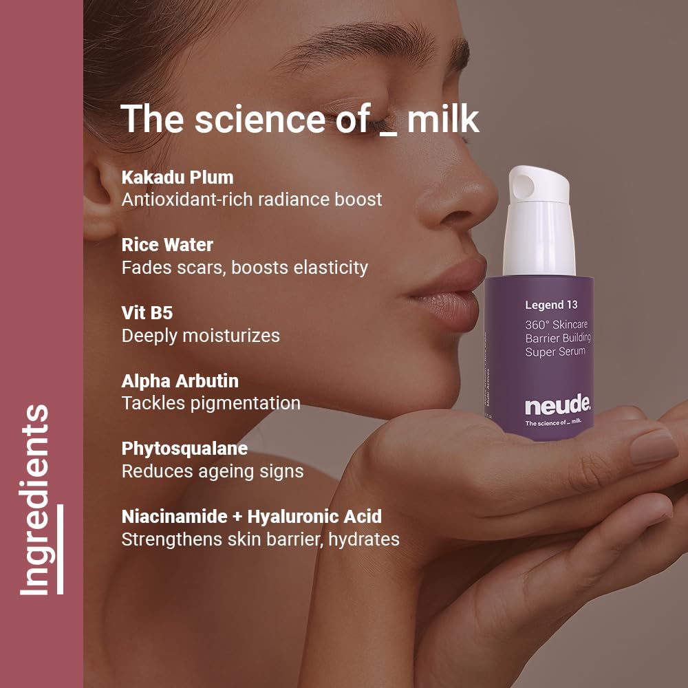 Neude Legend 13 Super Face Serum 30ml with 3x Ceramides, Lactobacillus Ferment, Alpha Arbutin, Rice Water, 13 Multiactives for Barrier Building Re-texturing & Hydration, pH 5.5, for All Skin Types