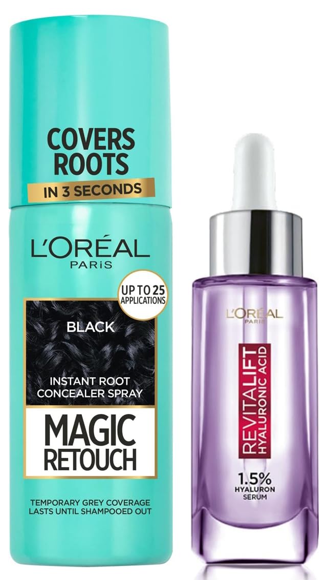 L'OREAL PARIS Instant Root Concealer Spray, Ideal for Touching Up Grey Root Regrowth, Magic Retouch, 1 Black & Revitalift 1.5% Hyaluronic Acid Face Serum, 15 Ml