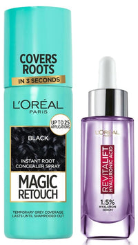 L'OREAL PARIS Instant Root Concealer Spray, Ideal for Touching Up Grey Root Regrowth, Magic Retouch, 1 Black & Revitalift 1.5% Hyaluronic Acid Face Serum, 15 Ml