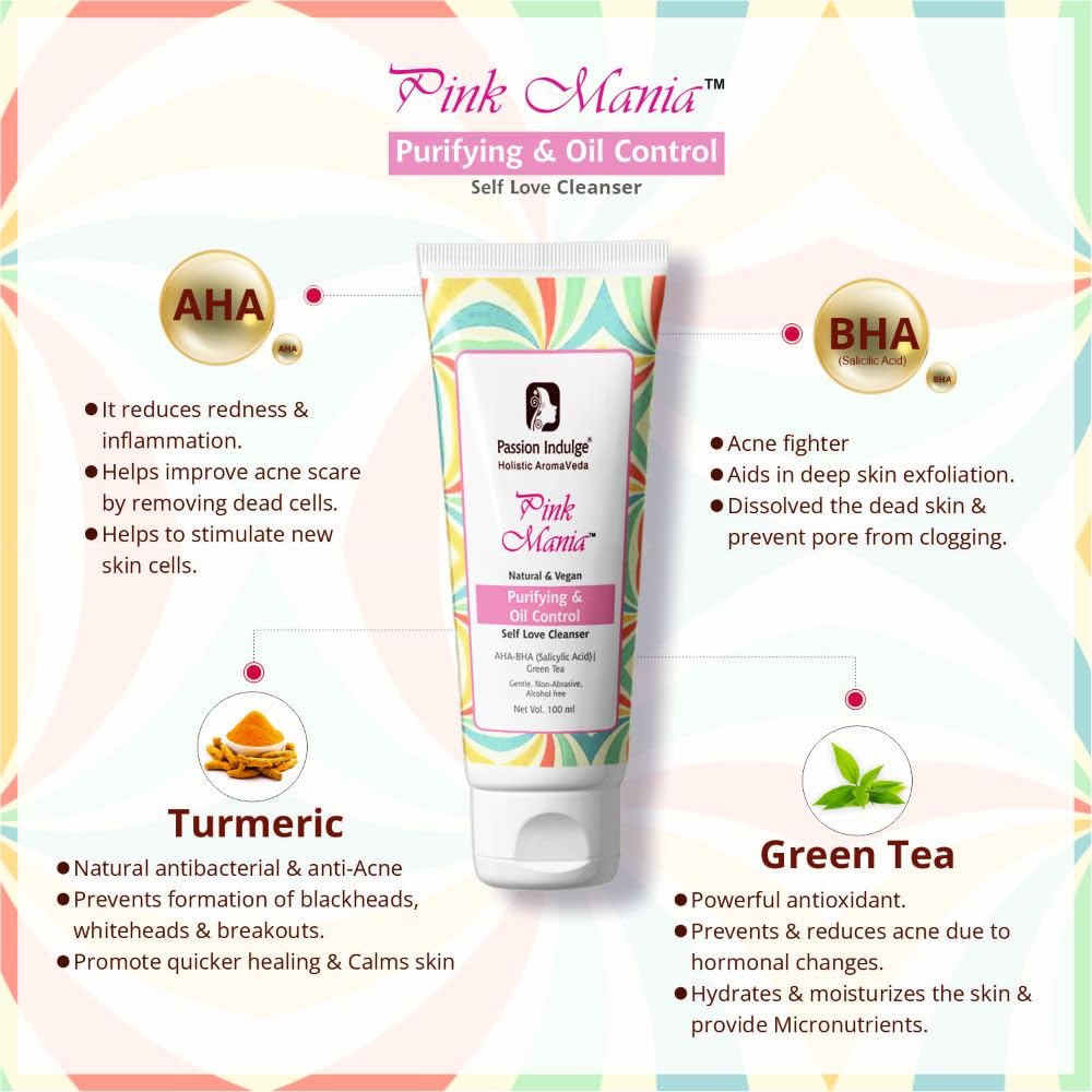 Passion Indulge Pink Mania Face Cleanser & Face Mudd | Purifying & Oil Controlling with AHA BHA, Turmeric & Green Tea