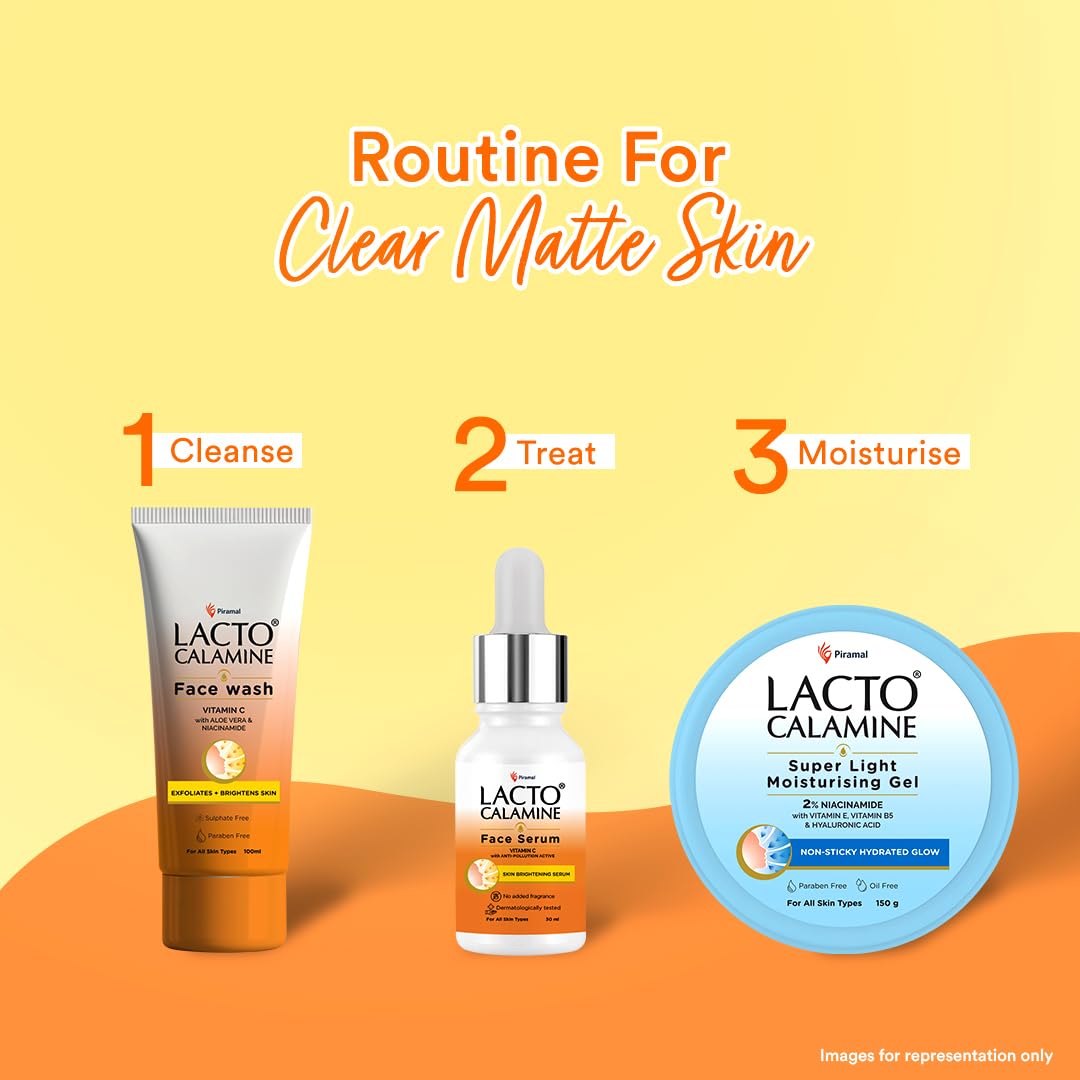 Lacto Calamine Vitamin C Face Serum with 98% Pure Vitamin C Complex | 30ml | Glowing Skin with Niacinamide | Vitamin C Serum For Dark Spots Reduction & Moisturization | Pollushield, Vitamin E, B3 & B5