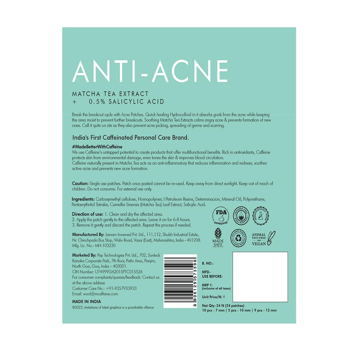 mCaffeine Matcha Tea Hydrocolloid Acne Patches with 0.5% Salicylic Acid | Invisible Waterproof Patches for Active Acne & Pimples | Reduces Acne Size in 2 Uses | for both Women and Men | All Skin Types - 3 Sizes (24N x1)