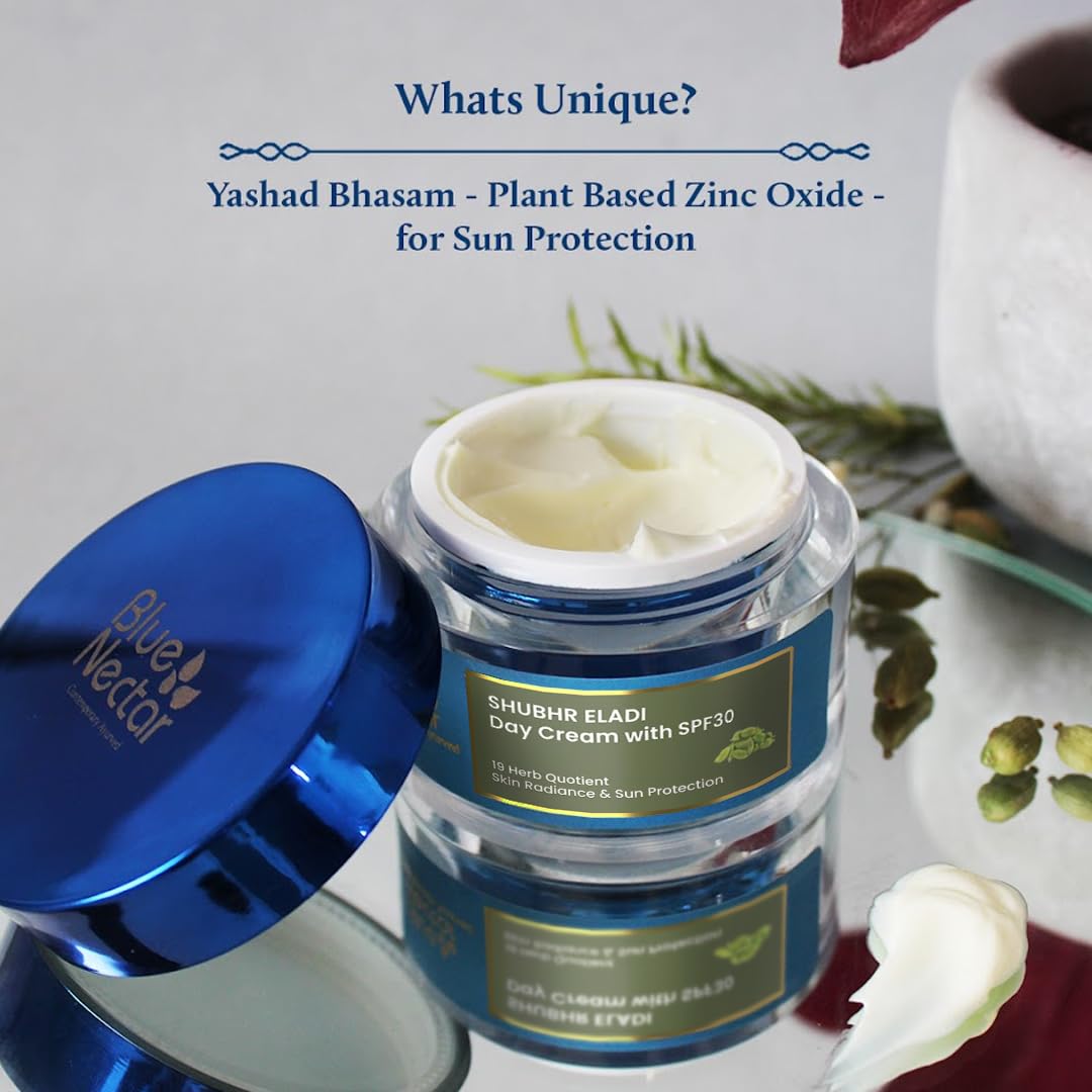 Blue Nectar SPF 30 Plant Based Brightening Face Cream Eladi Kumkumadi Cream for Natural Skin Brightening Face Cream for Women Daily Use (16 Herbs, 50g)