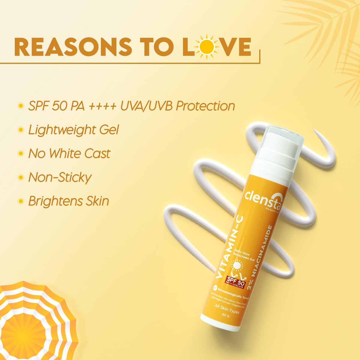 Clensta Daily Glow Sunscreen Gel Spf 50 Pa++++ With Vitamin C, Niacinamide & Squalane, Uva/Uvb Filters - No White Cast, Lightweight & Anti-Tan Formula|For Men & Women, 50 Gm|For All Skin Types