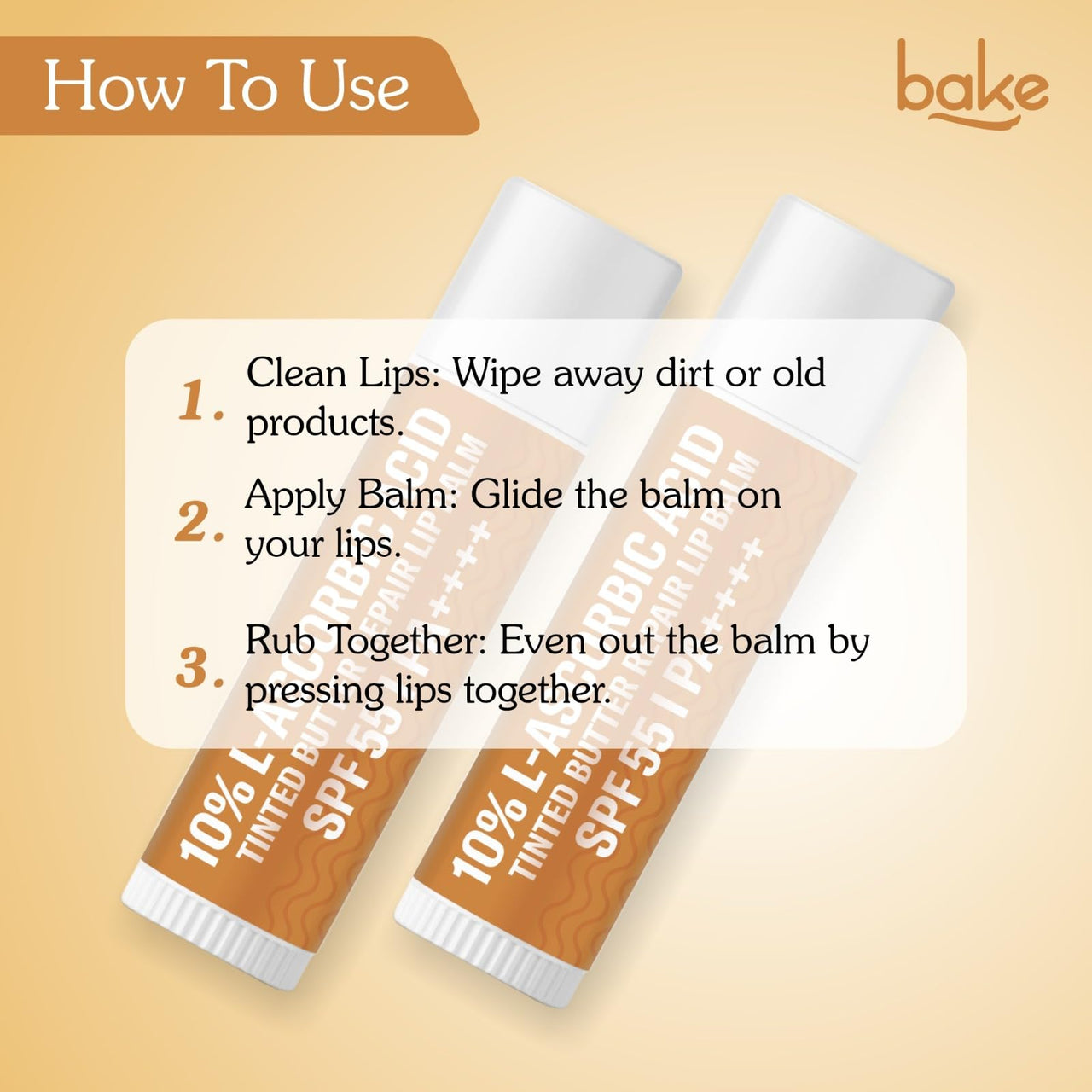 BAKE 10% L-Ascorbic Acid Tinted Butter Brightening Lip Balm SPF 55 PA++++ with Kojic Acid 24 Hour Moisturization | For Dark, Pigmented, Dry & Chapped Lips | De-Tan Lip Balm | For Men & Women - 5g