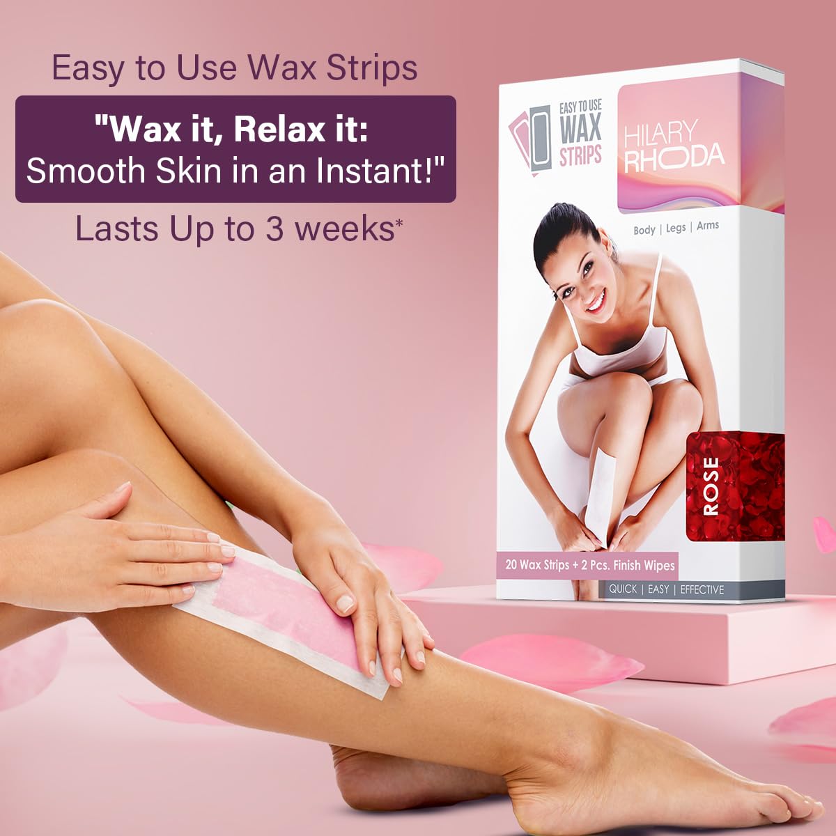 Hilary Rhoda Easy To Use Wax Strips | Gel Wax Hair Removal | Full Body Wax Strips for Arms,Legs & Body | Salon Like Results at Home Wax Strips | With 2 Finish Wipes | 20 Strips (Rose)